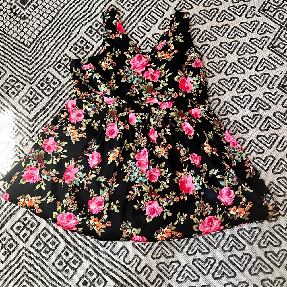 Ixiah Fit and Flare Dress - Black and Pink Floral